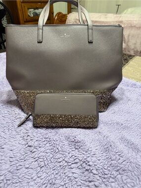 kate spade taupe leather tote and wallet with glitter base